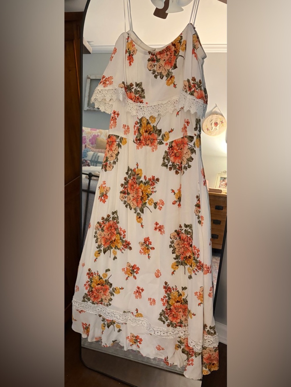Altar’d State White Floral Maxi Dress with Lace Trim
